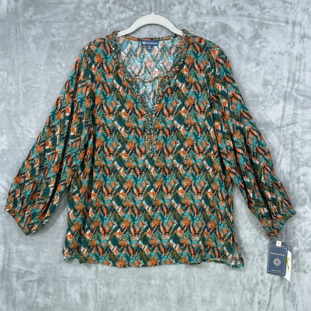 NEW Democracy Size M Blouse Popover‎ Abstract Rayon Cottage V-Neck Green NWT